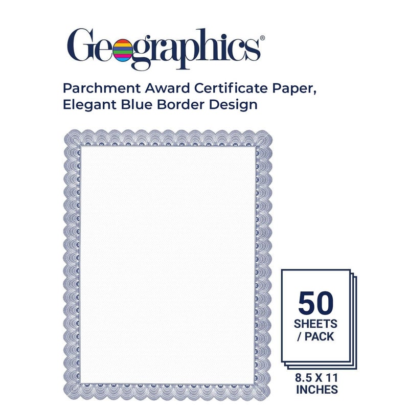 Geographics Blank Parchment Award Certificate Paper  8.5 x 11""  Elegant Blue Border Design (Pack of 50) - Image 2